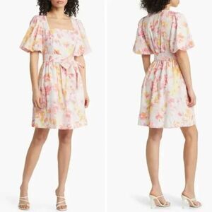 New! Eliza J. Floral Print Puff Sleeve Eyelet Cotton Dress, size‎ 12